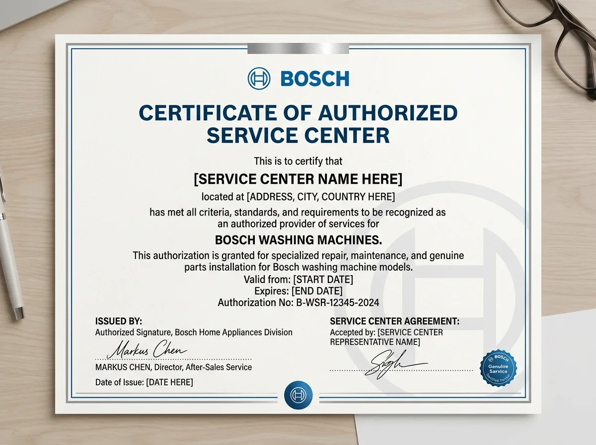 Сертификат авторизованного сервисного центра Bosch для ремонта стиральных машин, официальный документ на светлом фоне