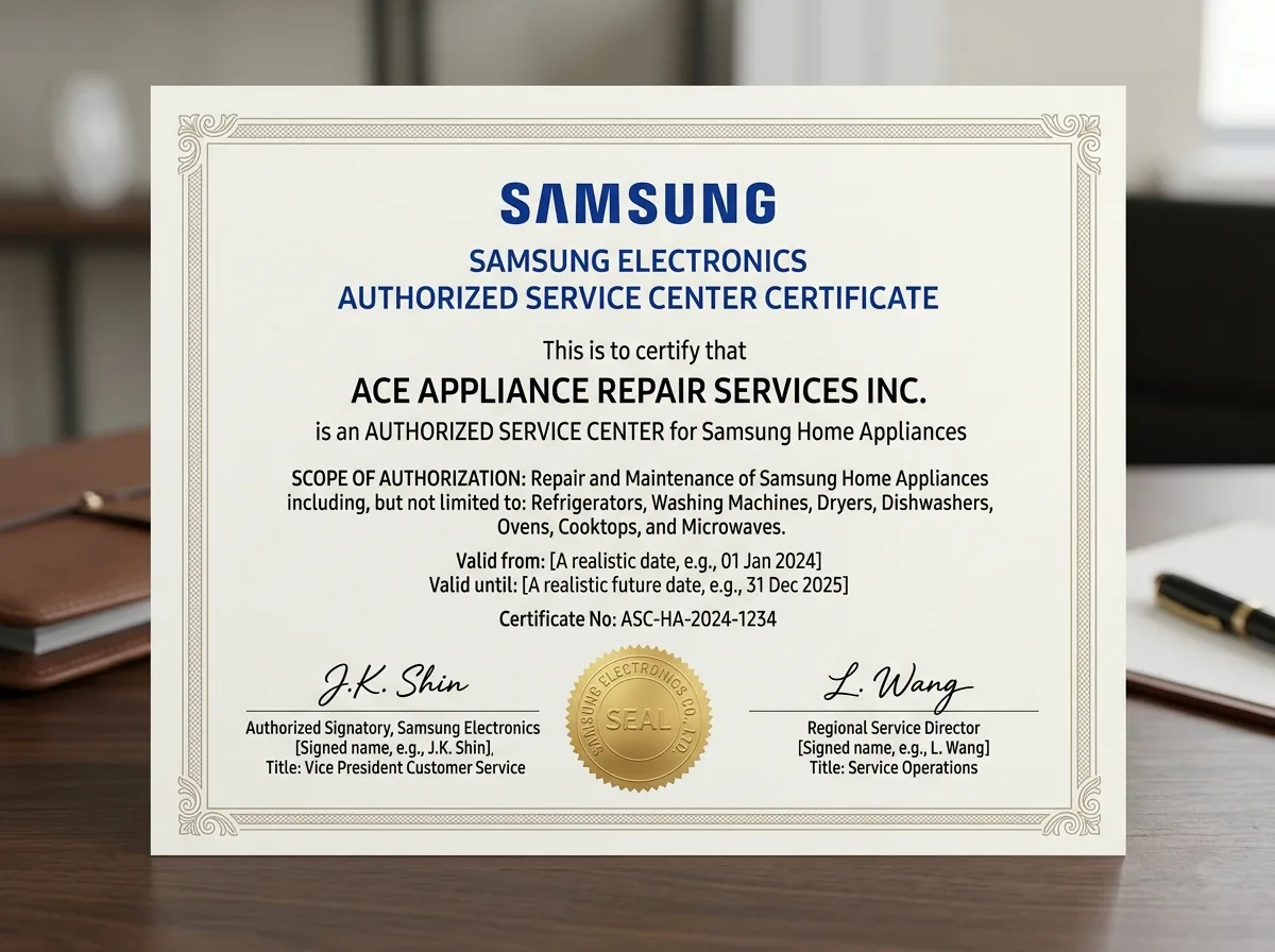 Сертификат авторизованного сервисного центра Samsung для ремонта бытовой техники, официальный документ