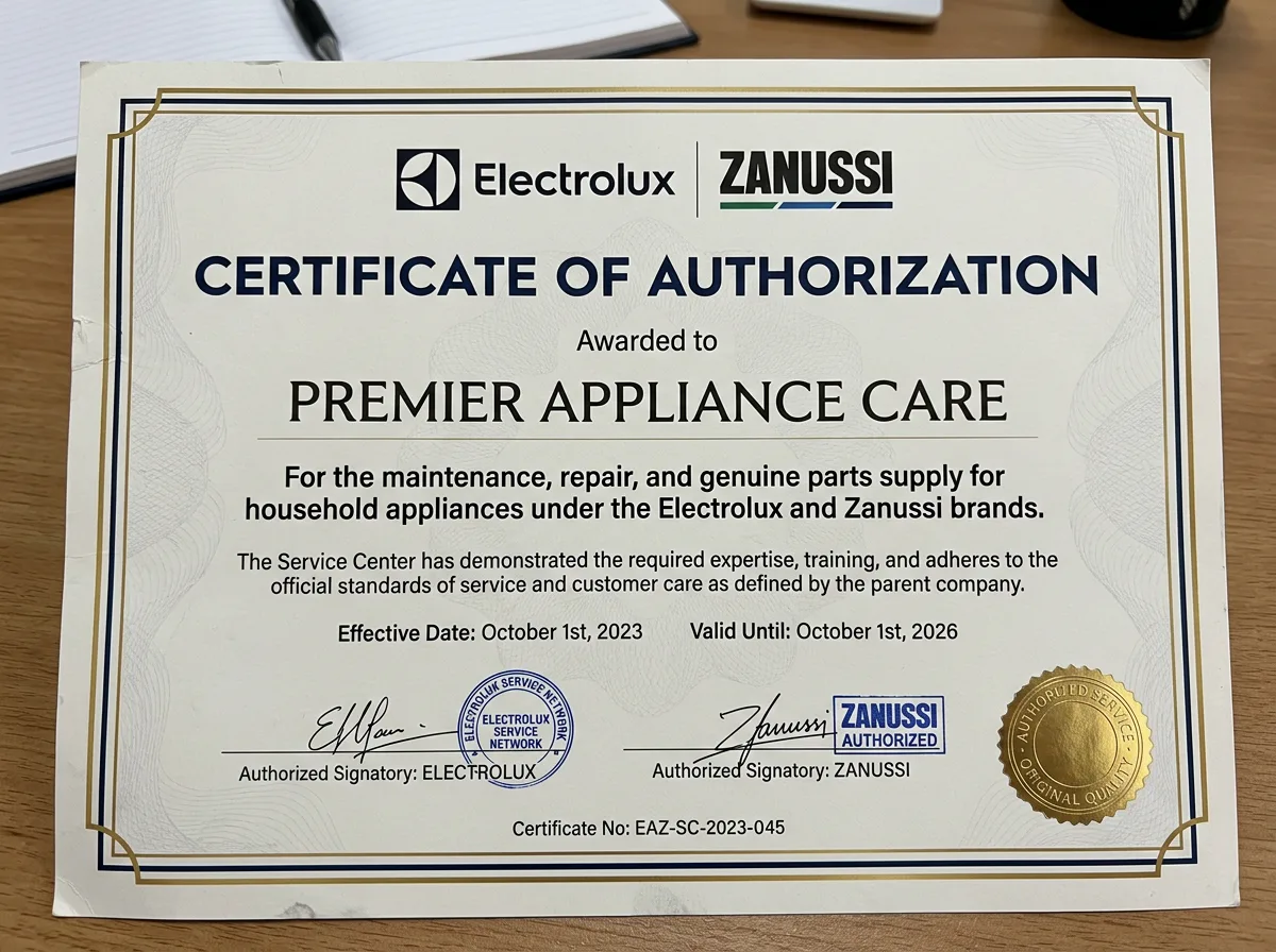 Сертификат авторизованного сервисного центра Electrolux и Zanussi для ремонта бытовой техники, официальный документ